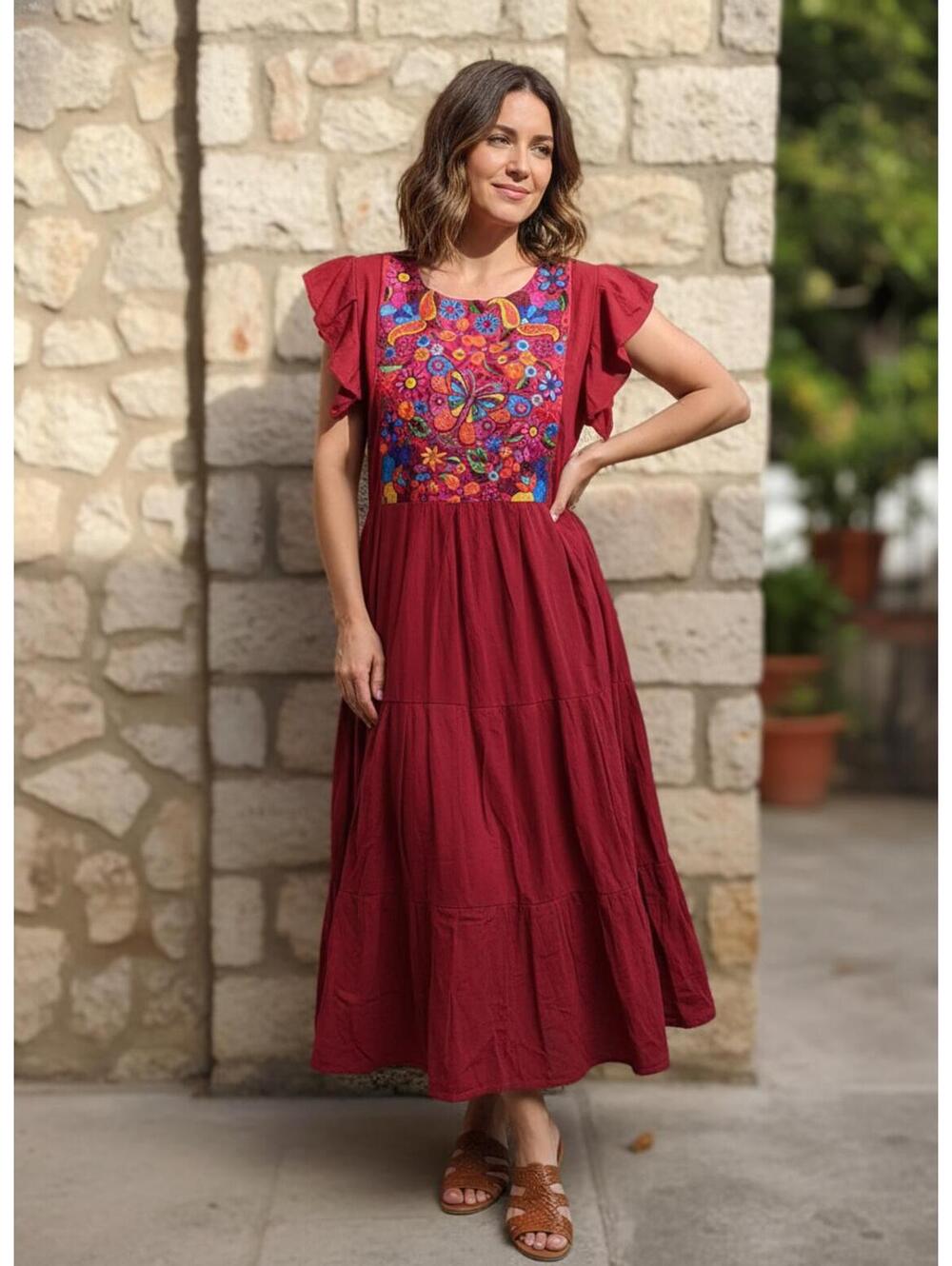 Bohemian Embroidered Burgundy Midi Dress Butterfly XL-2X